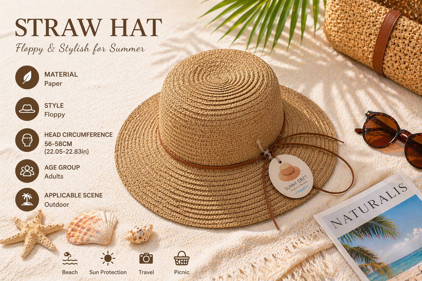 Women Wide Brim Sun Hat Beige 100% Paper Straw Beach Garden Summer Travel Hat
